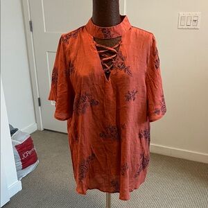 JCPenney Rust Lace-Up Blouse with Floral Design